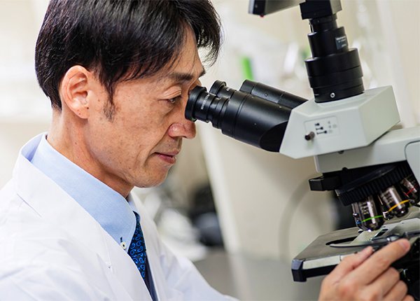 Takaaki Matsumoto at a microscope in the laboratory